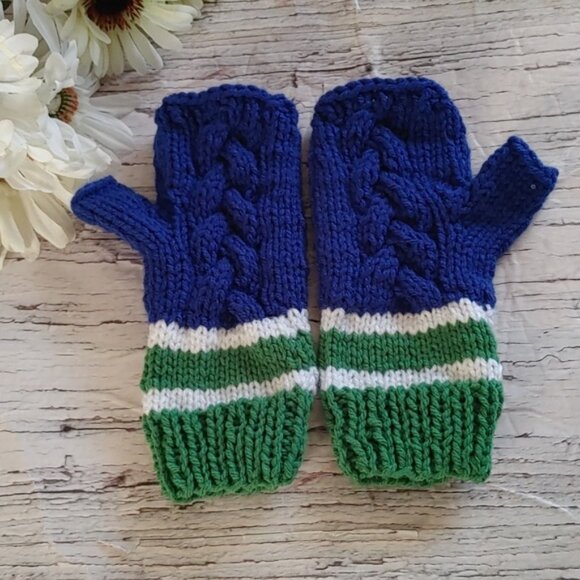 Hand-Knit Blue and Green Fingerless Mittens Vancouver Canucks Seattle Seahawk - Picture 1 of 9